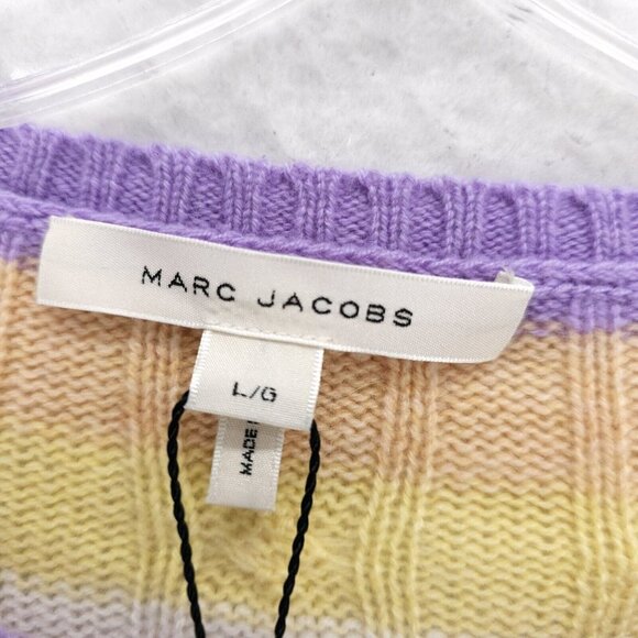 NWT MARC JACOBS 100% Cashmere Cable Knit DISTRESSED Sweater Striped Size LARGE - Picture 7 of 9